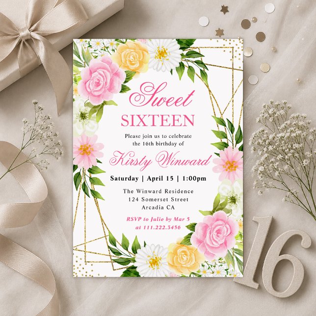 Convites Flores Rosa e Amarela Moldura Dourada Sweet 16 (Criador carregado)