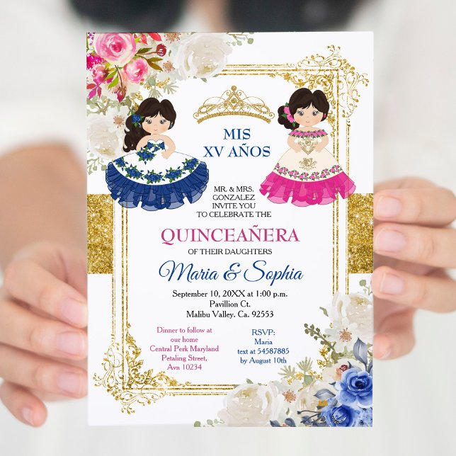 Convites Flores Rosa e Azuis Gêmeas Quinceanera (Criador carregado)
