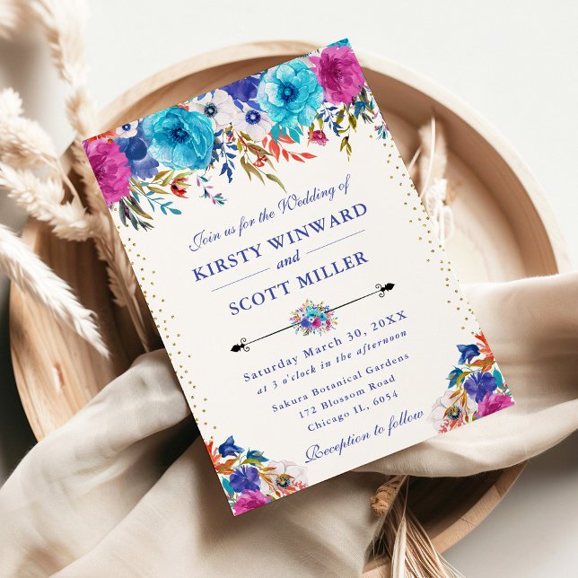 Convites Flores Rosa e Azul em Aquarela Casamento (Criador carregado)