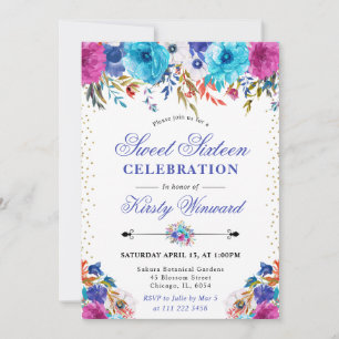 Convites Flores Rosa e Azul em Aquarela Sweet 16