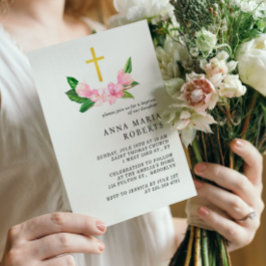 Convites Flores Rosa e Batismo Dourado Bruto das Raparigas