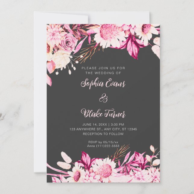 Convites Flores Rosa e Branca Boho Casamento Cinza (Frente)
