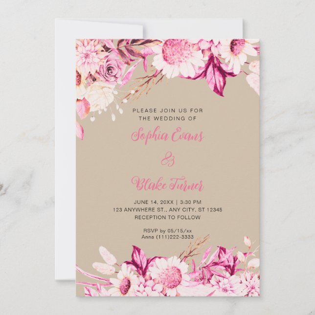 Convites Flores Rosa e Branca Boho Casamento de Baunilha (Frente)