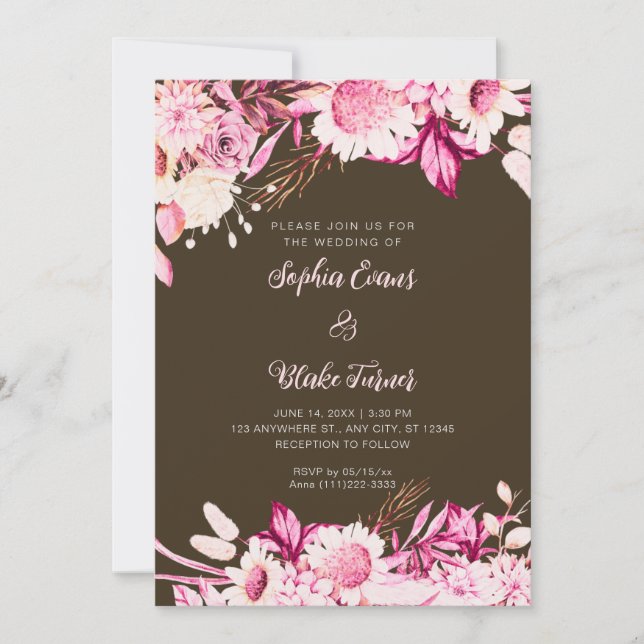 Convites Flores Rosa e Branca Boho Madeira Marrom Casamento (Frente)