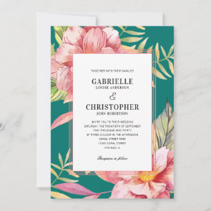 Convites Flores Rosa e Casamento Verde-Teal
