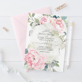 Convites Flores rosa e Casamento vintage elegante verde
