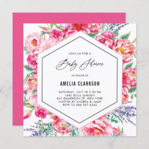 Convites Flores rosa e Chá de fraldas de Lavanda