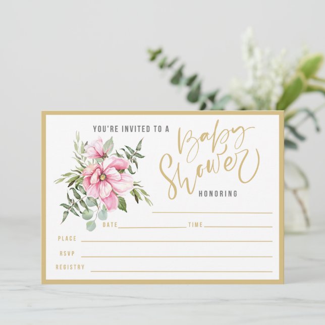 Convites Flores rosa e Chá de fraldas verde (Em pé/Frente)
