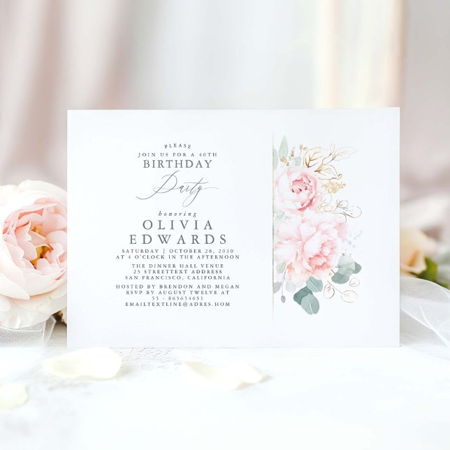 Convites Flores Rosa e Folhas Douradas Elegantes Aniversári (Pink floral birthday invite)