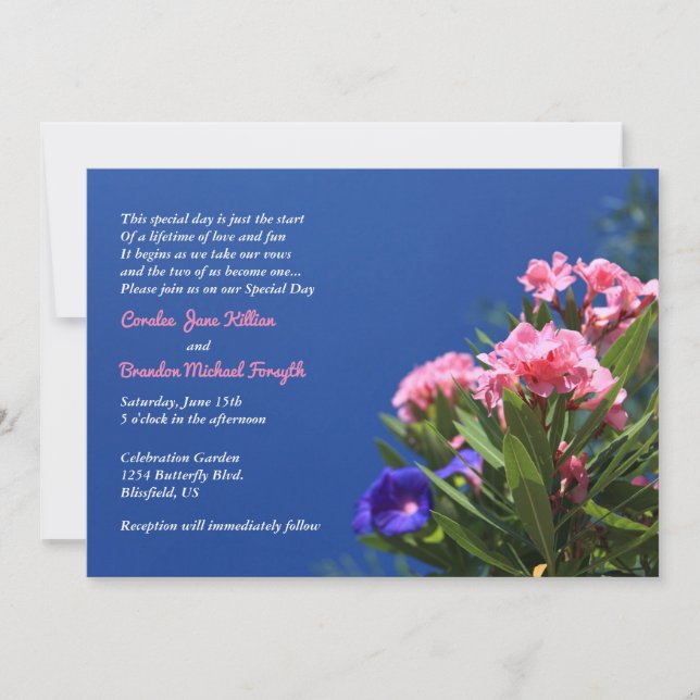 Convites Flores Rosa e Roxo em Casamento Country Azul Escur (Frente)