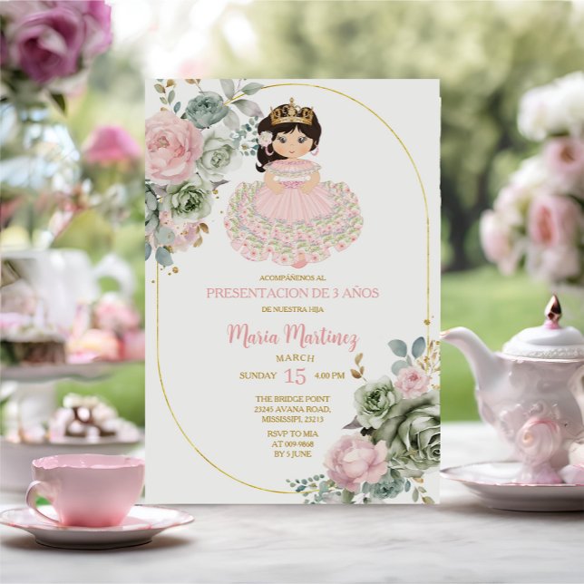 Convites Flores Rosa e Sage Niña Apresentação De Tres Años (Criador carregado)