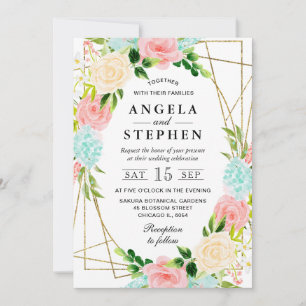 Convites Flores Rosa e Verde Água Moldura Dourada Casamento