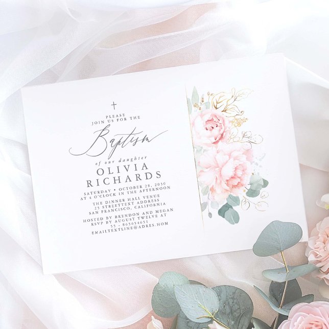 Convites Flores rosa e verde Dourado deixam batismo (Pink Floral Elegant Baptism Invitations)