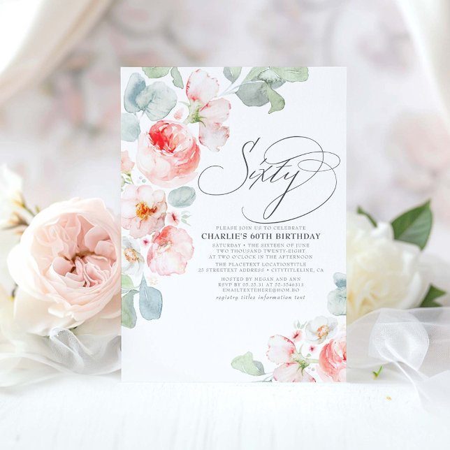 Convites Flores Rosa Elegante Boho Sessenta - Sessenta e Se (60th birthday invitations with pink flowers and eucalyptus greenery)