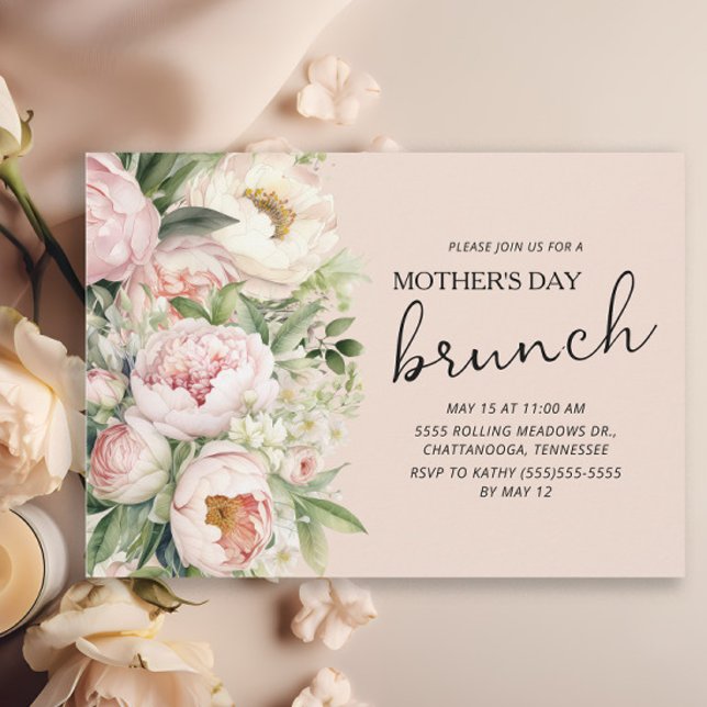 Convites Flores Rosa Elegante Brunch do Dia das Mães (Pink peonies Mother's Day Brunch invitation)