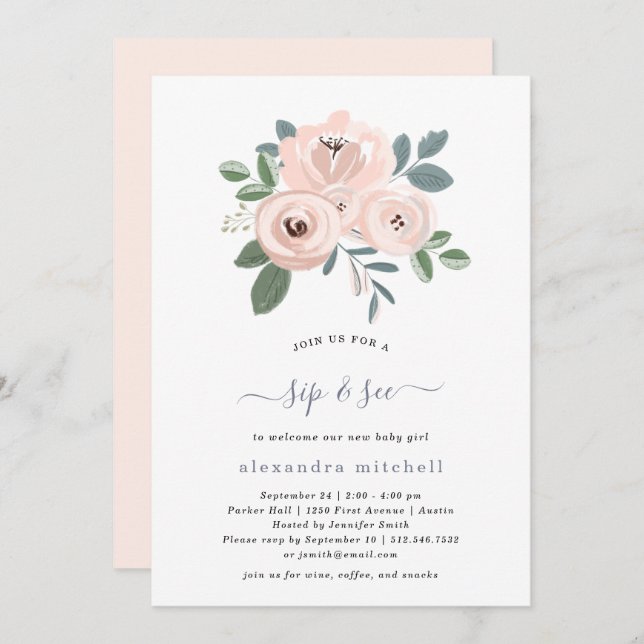 Convites Flores rosa embebidas elegantes| Baby Sip and See (Frente/Verso)