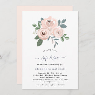 Convites Flores rosa embebidas elegantes  Baby Sip and See