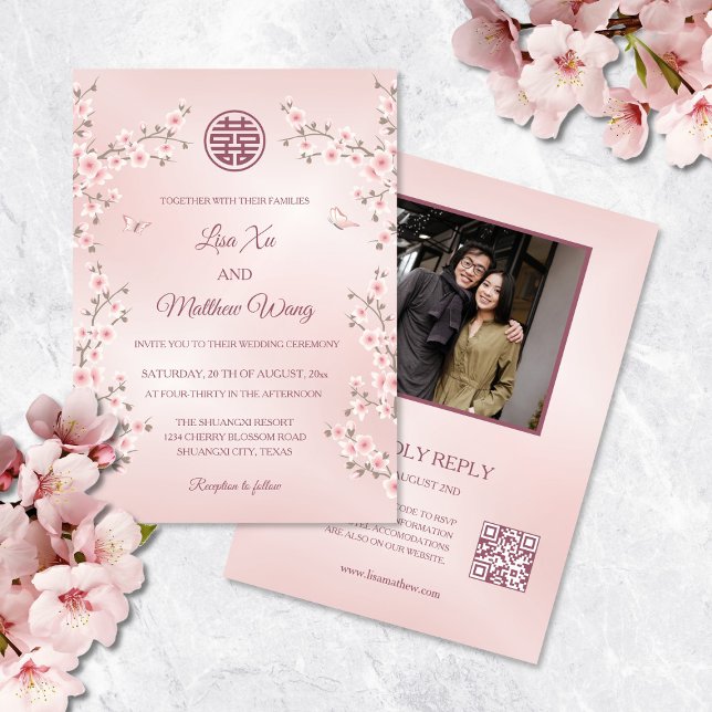 Convites Flores Rosa Empoeirado | Código QR de Foto Casamen (Criador carregado)
