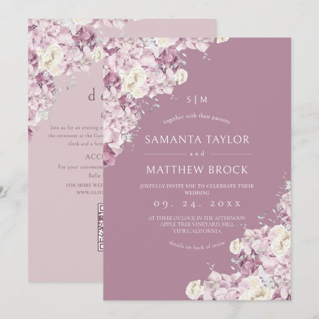 Convites Flores Rosa Empoeirado ⎮Elegante Casamento Tudo em (Frente/Verso)