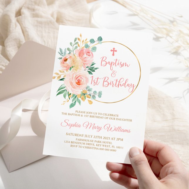 Convites Flores Rosa Esmagadas Batismo e Primeiro Aniversár (Criador carregado)