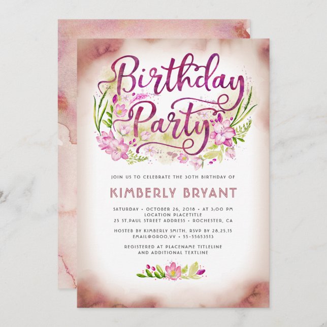 Convites Flores rosa Festa de aniversário Floral Elegante d (Frente/Verso)