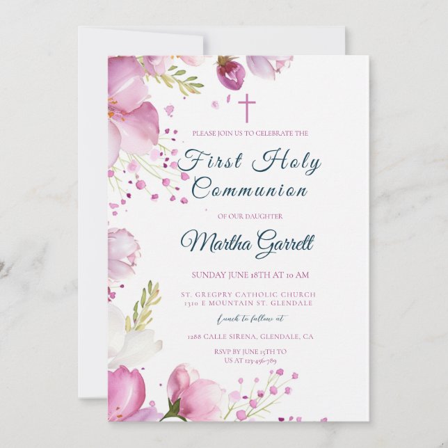 Convites Flores Rosa Filha Floral Primeira Comunhão Santa (Frente)