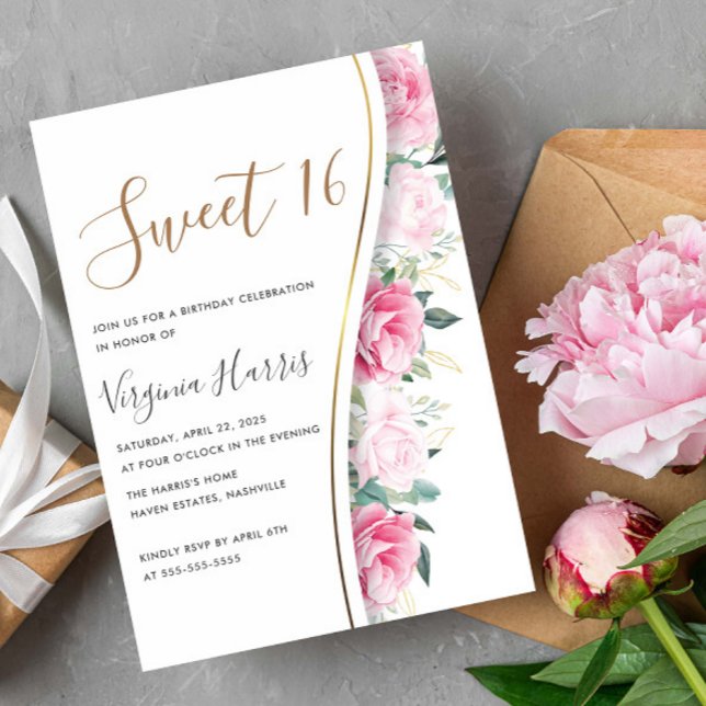 Convites Flores Rosa Folhagem Doce Dezesseis 16 Aniversário (Criador carregado)