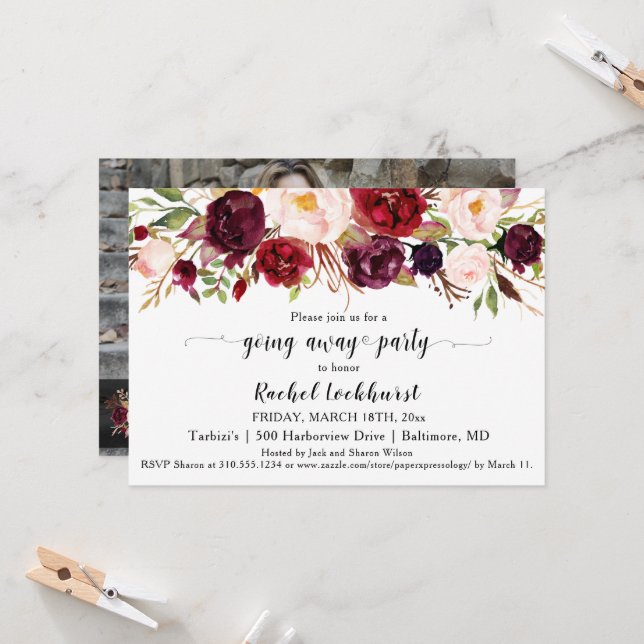 Convites Flores Rosa Marsala Saindo de Despedida (Frente/Verso In Situ)