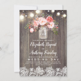 Convites Flores Rosa Mason Jar Rustic Lace Casamento