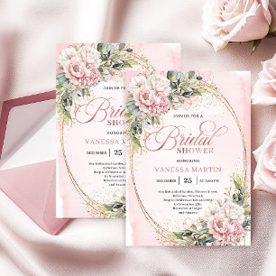 Convites Flores Rosa Moderno em Pó Dourado Chá de Noiva