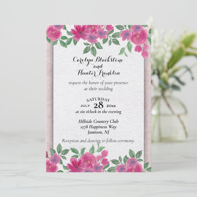 Convites Flores Rosa no Casamento Branco e Rosa (Em pé/Frente)