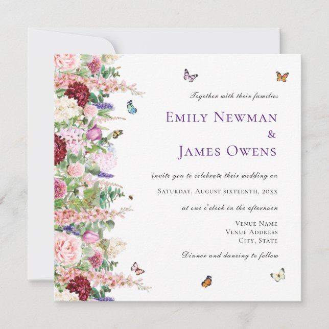Convites Flores Rosa Púrpura e Borboletas Casamento Quadrad (Frente)