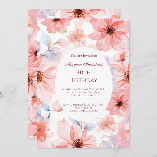 Convites Flores Rosa Qualquer Festa de aniversário (Frente/Verso)