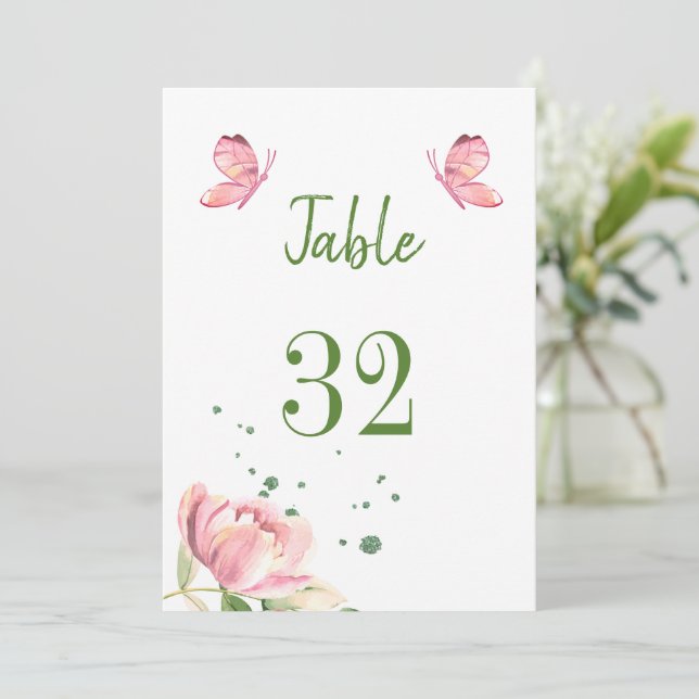 Convites flores rosa quentes borboletas verdes número da me (Em pé/Frente)