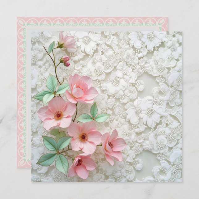 Convites Flores Rosa Renováveis No Lace Bridal Branco (Frente/Verso)