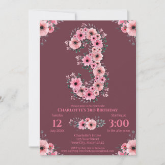 Convites Flores Rosa-Rosa-aniversário de 3 anos-Grande Folh