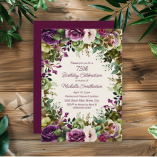 Convites Flores Rosa Roxo Folhas Verdes Aniversário de 75 a