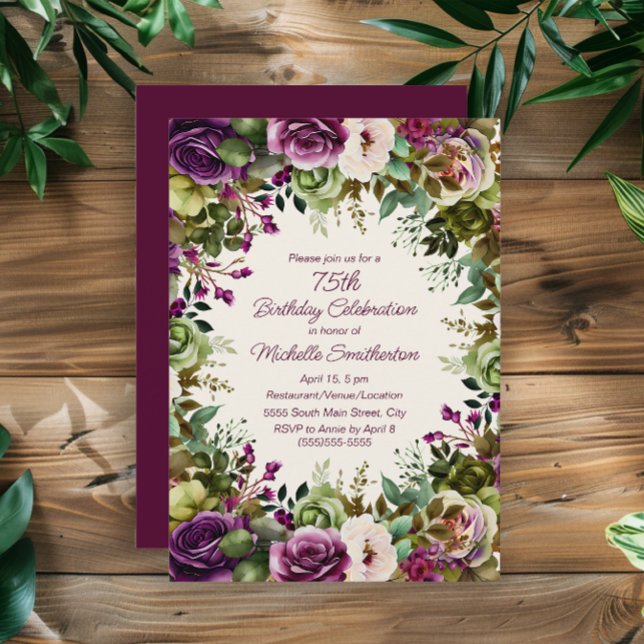 Convites Flores Rosa Roxo Folhas Verdes Aniversário de 75 a (Elegant purple and pink watercolor floral 75th birthday party invitation)