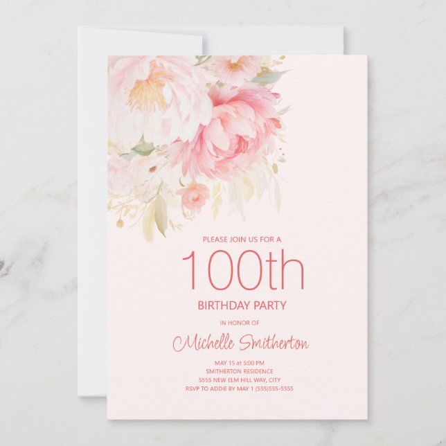 Convites Flores Rosa Suave 100º Aniversário (Frente)