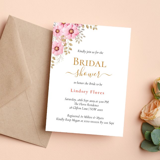 Convites Flores Rosa Suave Folhagens Dourado Chá de Bebê de (Soft pink flowers greenery gold invitation adds a fresh, romantic bridal shower feel)