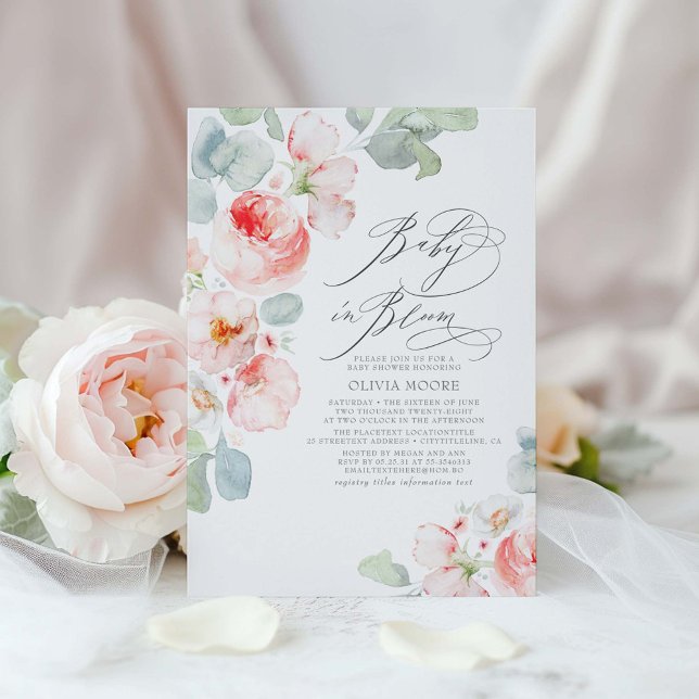 Convites Flores Rosa Suaves Chá de fraldas Elegante de Garo (Baby in Bloom Cute Pink Floral Baby Shower Invitations)