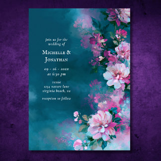 Convites Flores Rosa Teal Românticas | Casamento Floral