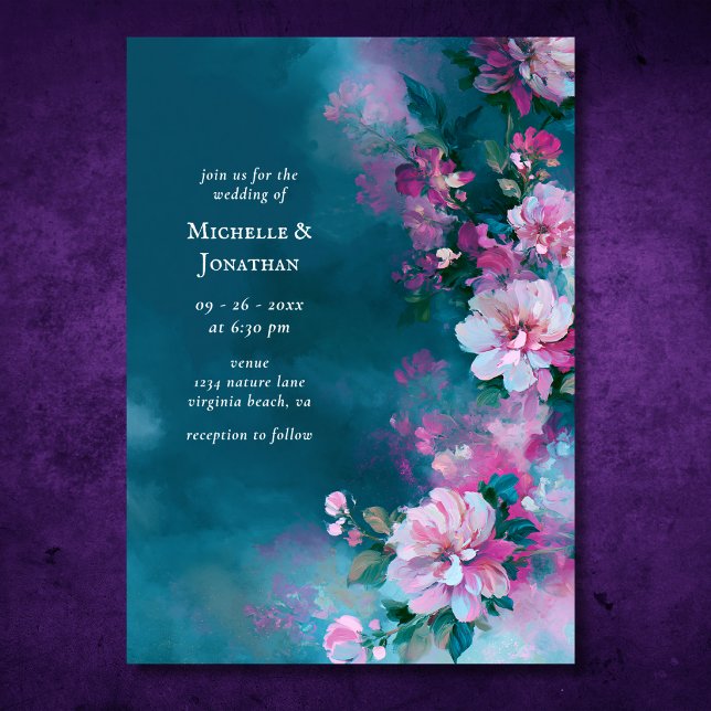 Convites Flores Rosa Teal Românticas | Casamento Floral (Romantic Teal Pink Flowers  Floral Wedding Invitation Front)