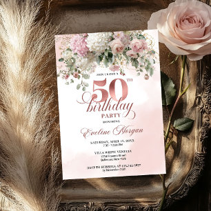 Convites Flores Rosadas Rose Gold Folhagem 50º Aniversário 
