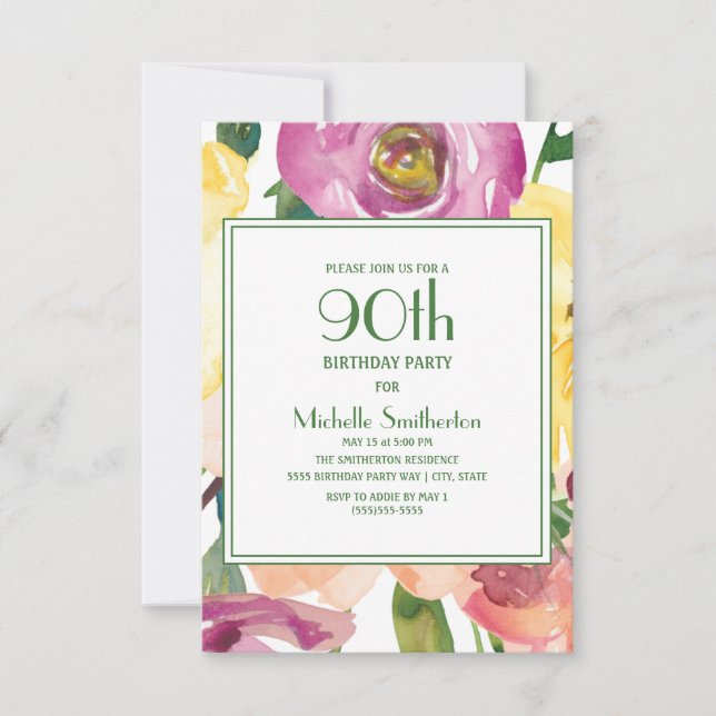Convites Flores Roxas Amarelas Rosadas Aniversário de 90 an (Frente)