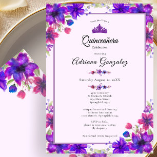 Convites Flores Roxas Aniversário de 15 anos Quinceanera