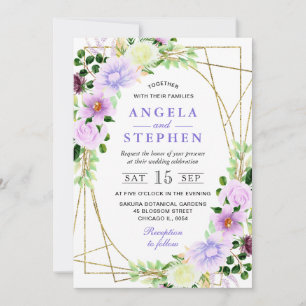 Convites Flores Roxas Aquarela Moldura Dourada Casamento