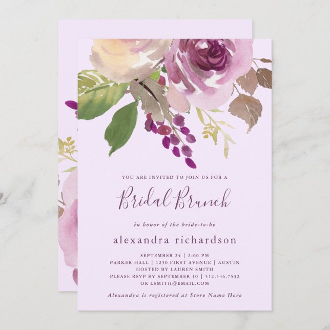 Convites Flores Roxas bonito | Bridal Brunch (Frente/Verso)