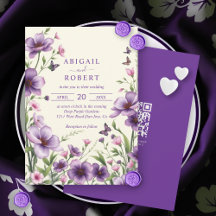 Flores roxas, borboletas, RSVP Código QR casamento