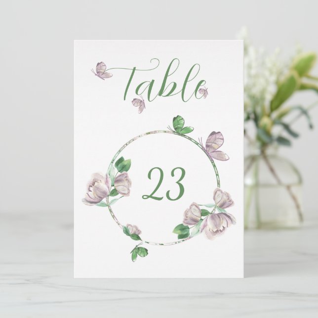 Convites flores roxas borboletas verdes número da mesa (Em pé/Frente)